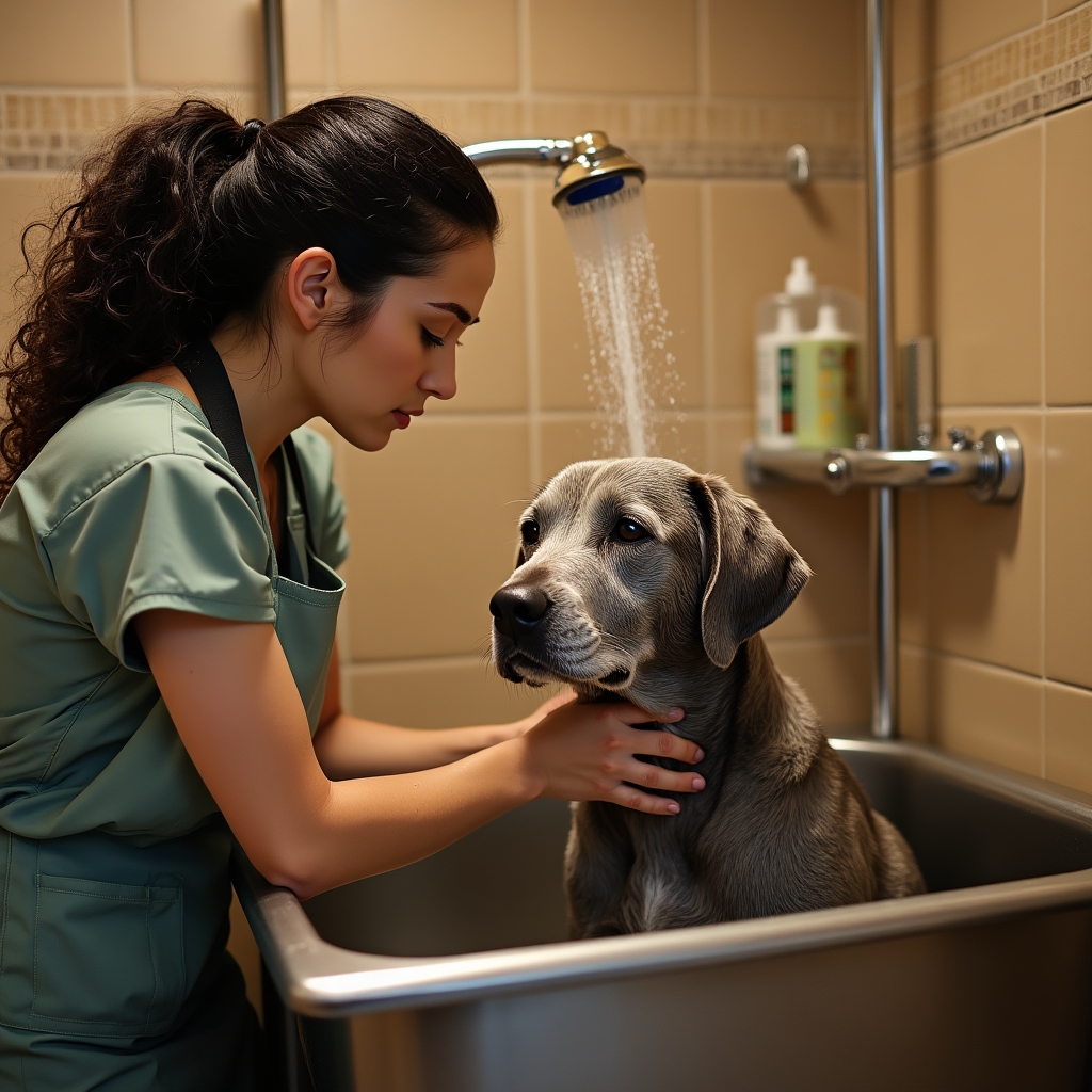Baño cuidadoso de un perro mayor con agua tibia y movimientos suaves