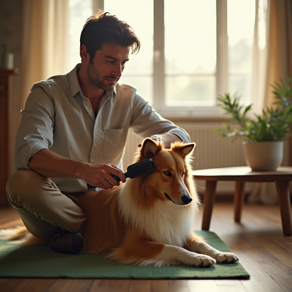 Tutor cepillando el pelo de su perro en casa con cepillo adecuado