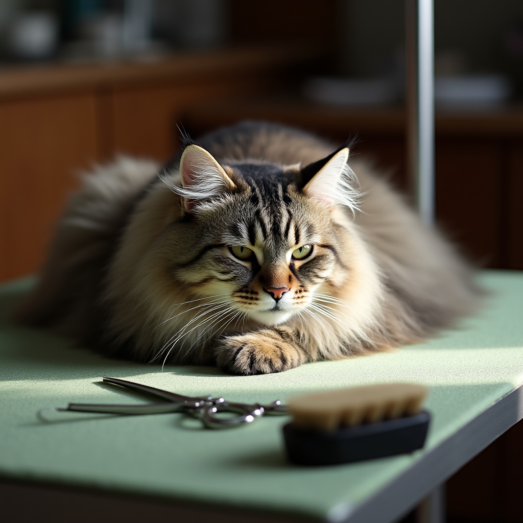 Gato relajado durante una sesión de peluquería felina