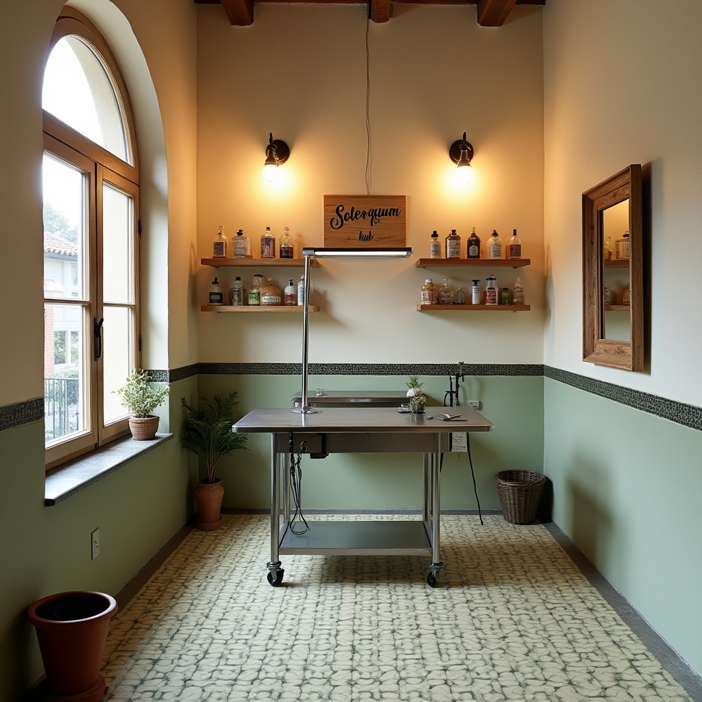 Interior del local de peluquería canina con iluminación cálida y mesa de trabajo