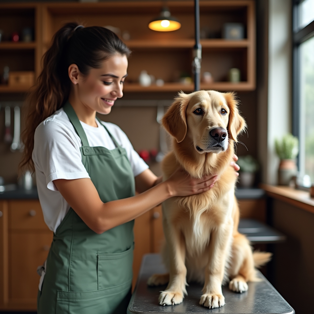 Peluquera atendiendo con calma a un perro en la mesa de peluquería