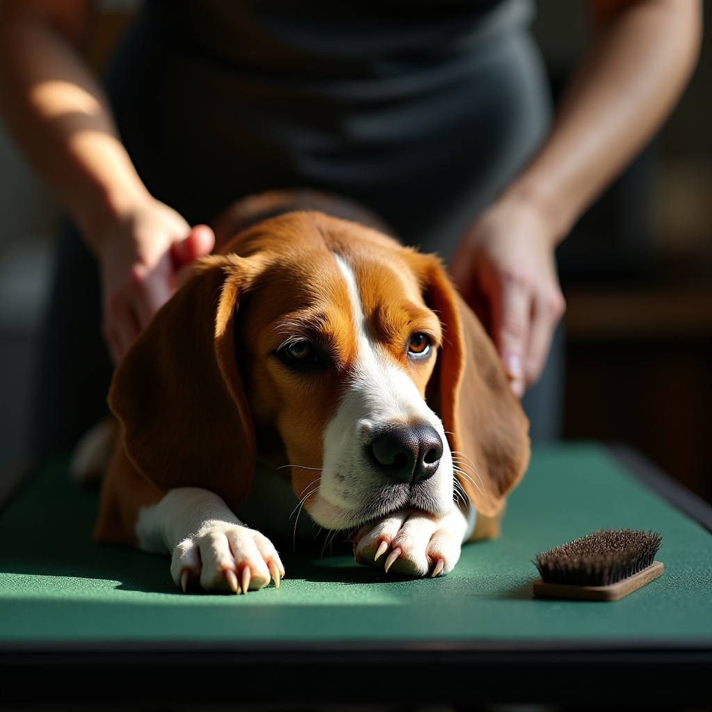 Perro de edad avanzada descansando tranquilo sobre la mesa de peluquería
